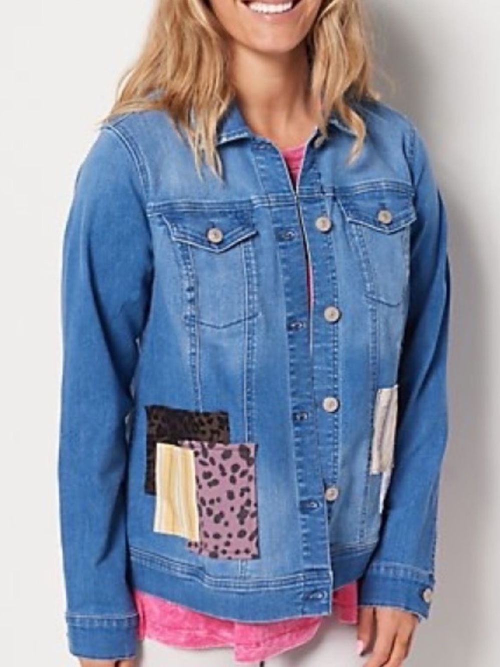 LOGO Lavish By Lori Goldstein Women 16 Blue Patchwork Denim Jean Jacket NWT